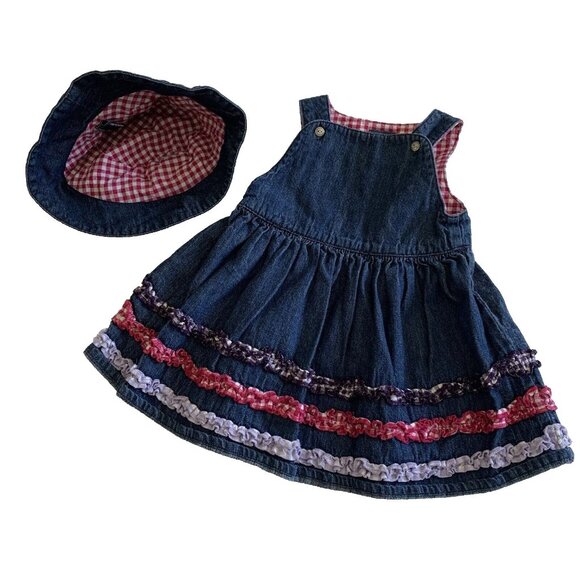 Potato Tomato Other - Potato Tomato Girls Size 9M Dress Denim Plaid Tiered Ruffle Dress and Hat Set